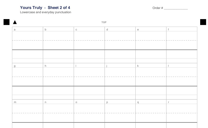 A page of the letter chart: boxes with guide lines, one for each letter