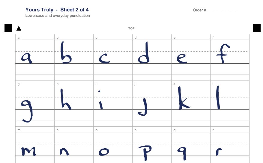 The same page filled in by hand, one letter per box